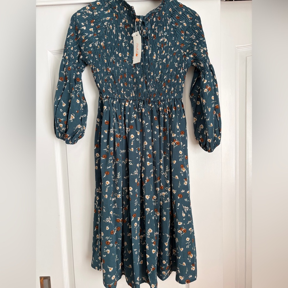 Petalush Floral Smocked Dress Teal Long Sleeve Cottagecore Women’s XS NWT